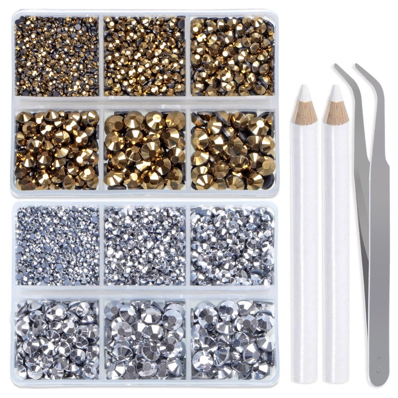 LPBeads 6400 Pieces Gold and Silver Hotfix Rhinestones Flat Back 5 Mixed Sizes Crystal Round Glass Gems with Tweezers and Picking Rhinestones Pen - Image 1
